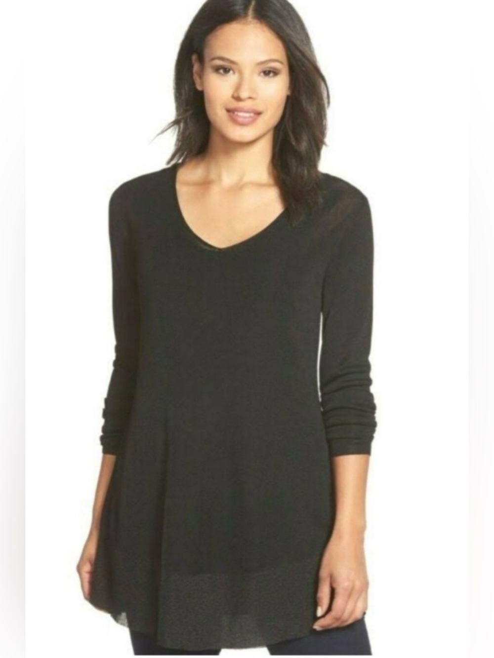 Eileen Fisher Black Ribbed V-Neck Knit Tunic Metallic Shimmer Hem XL